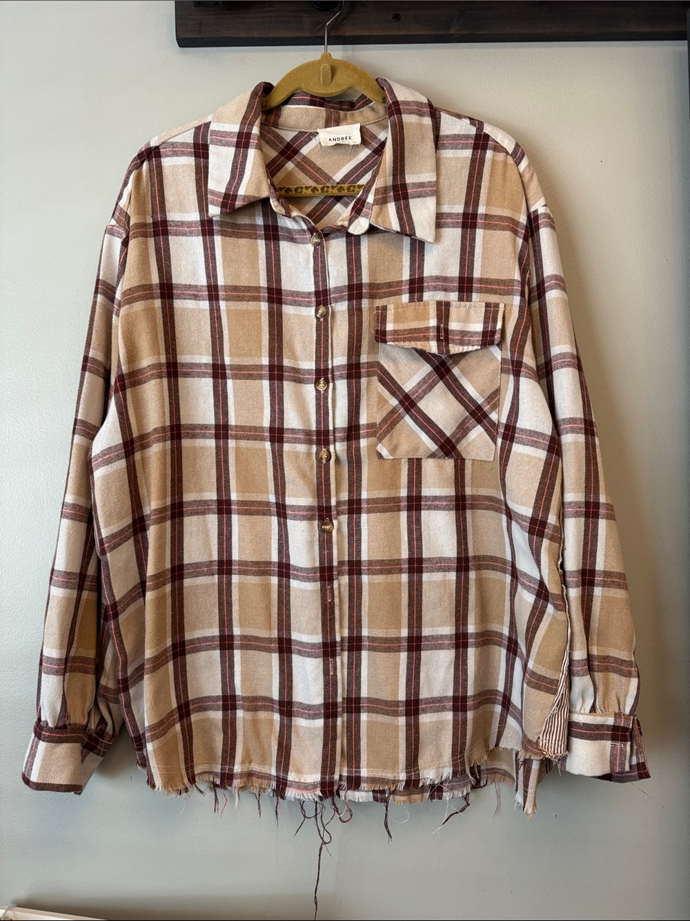 Andree Cream, Beige & Brown Plaid Button-Down Shirt
